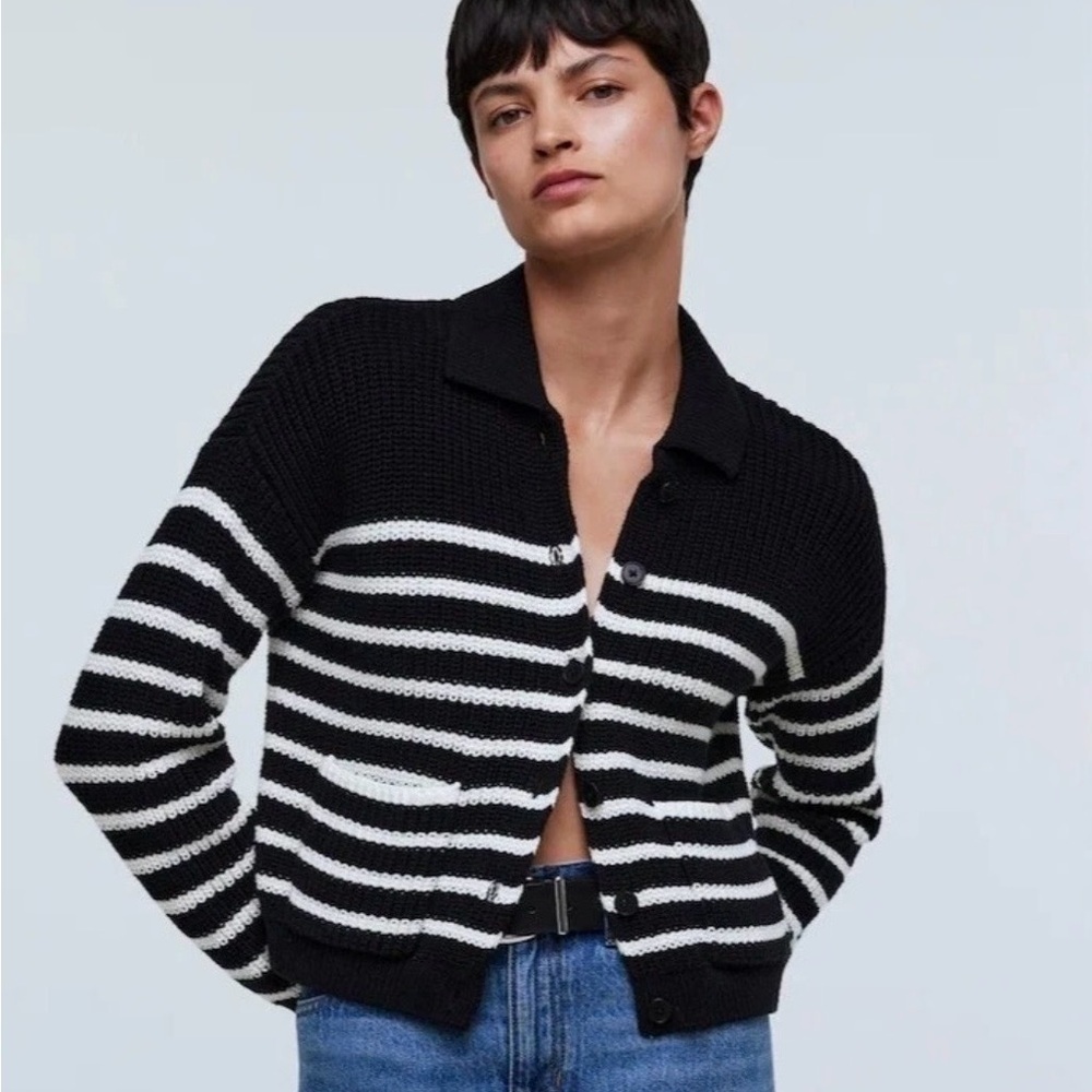 EUC Madewell Ribbed Polo Cardigan Sweater in True Black Stripe Size Large